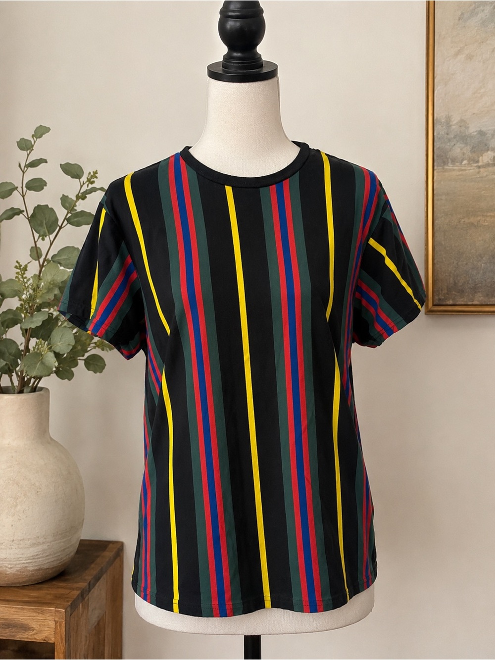 PacSun Striped Crew Neck 100% Cotton T-Shirt Black Multicolor Size M